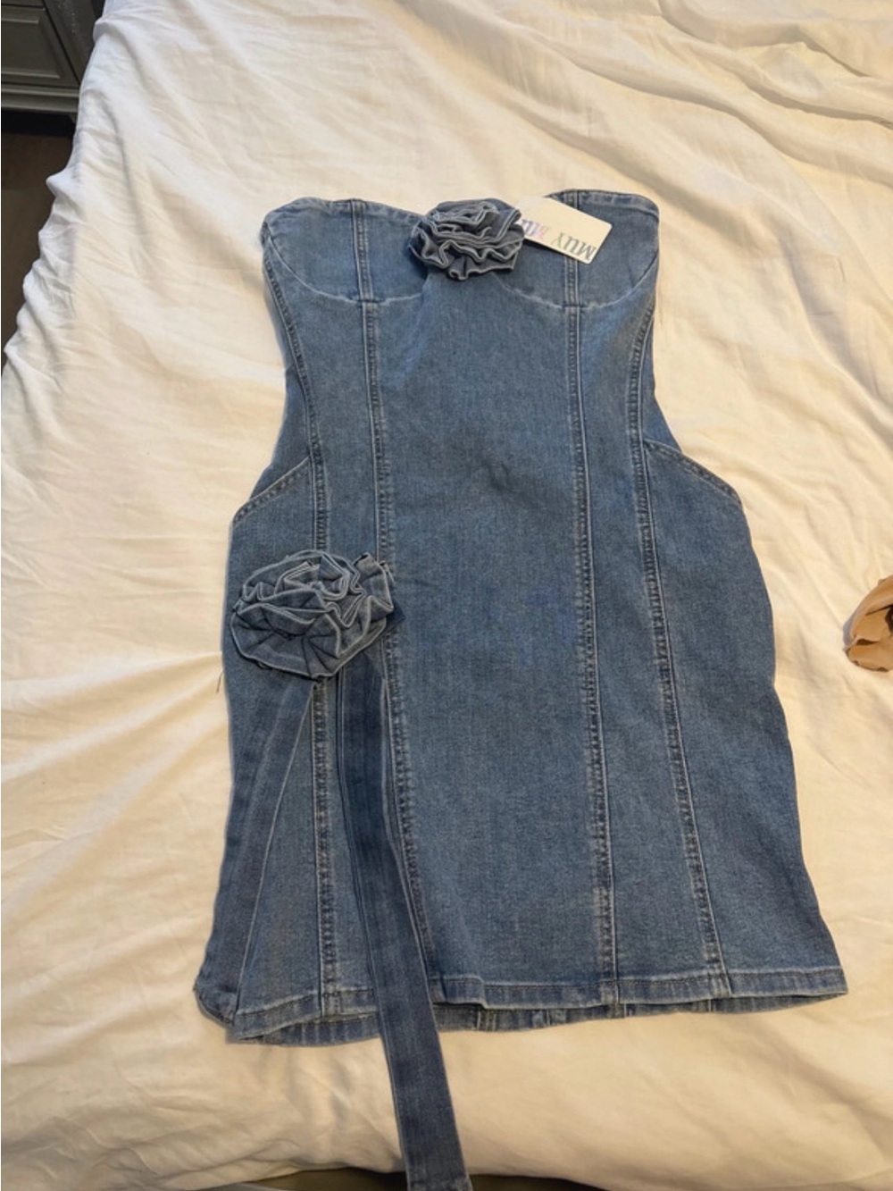 Love Tree Blue Denim Strapless Midi Dress with Rosette Accents